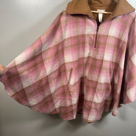 Free People Woodstock Brushed Plaid Poncho Cape Pink Brown One Size Fall Cozy - Picture 7 of 10
